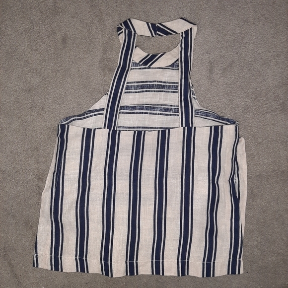J.O.A. Taupe Navy Striped Swing Halter Tank Split Sides Cut Out Back - Picture 10 of 13